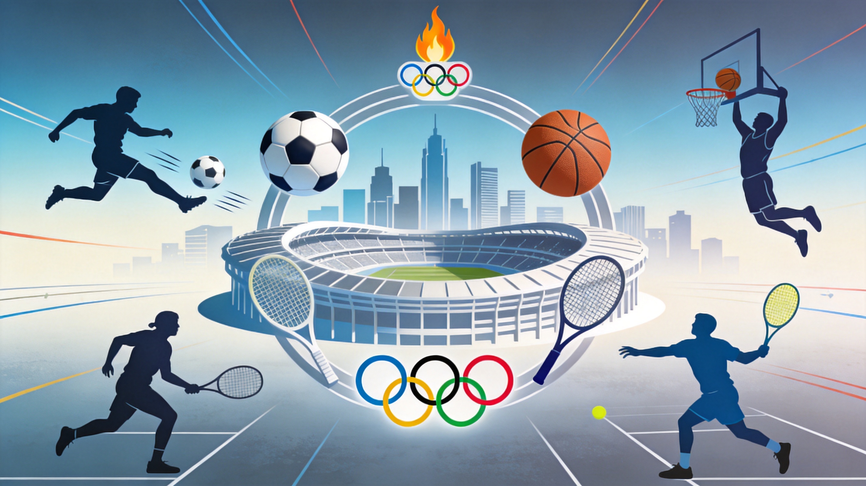 Bsports必一运动首页画面，展示足球、篮球、网球与奥运会四大项目赛事资讯的内容覆盖